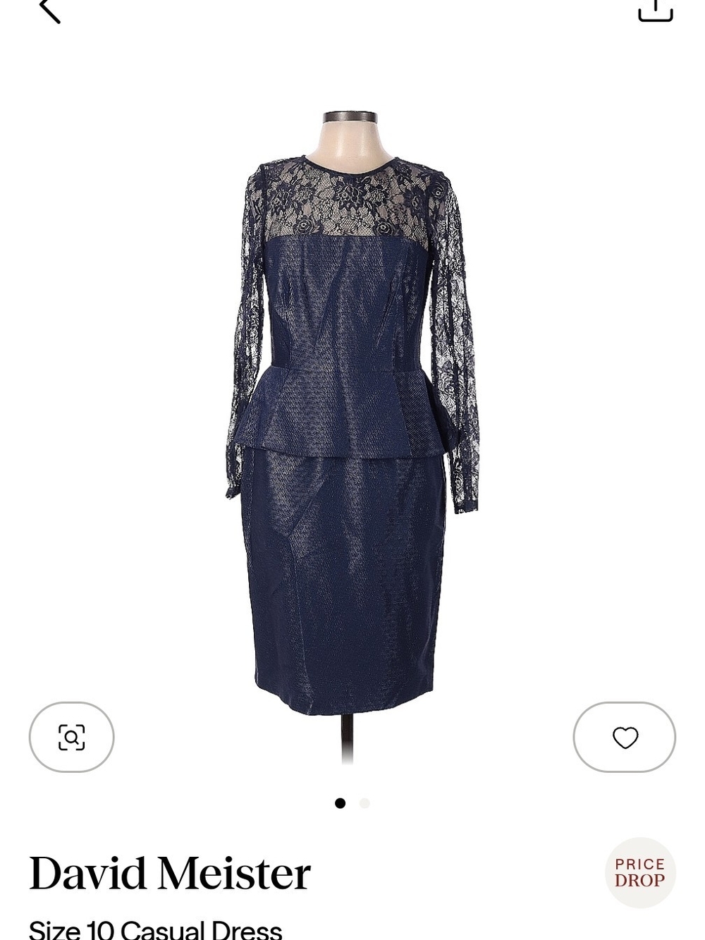 David Meister Navy Lace Peplum Sheath Dress with Long Sleeves